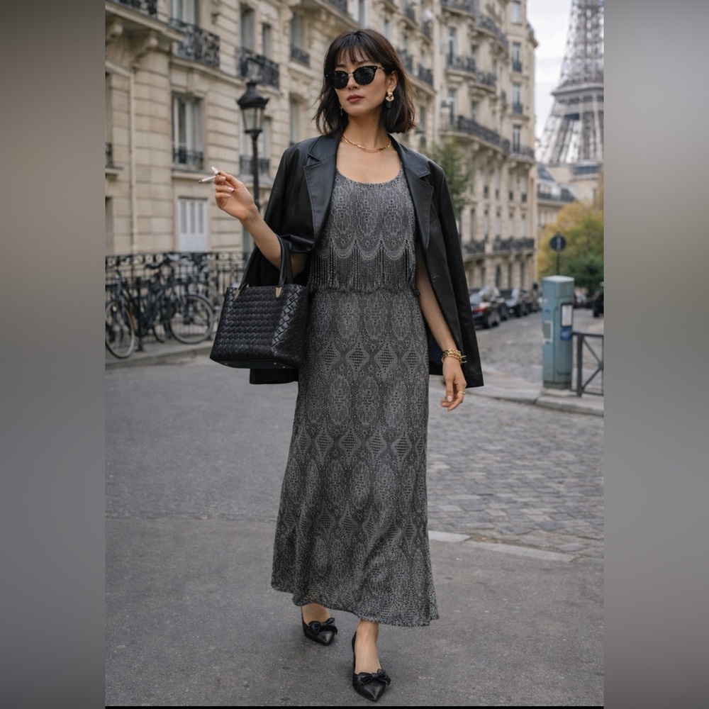 Vintage CARTISE Dress, Silver Crochet Knit, Maxi, Fringe, Black Lining, (US M)